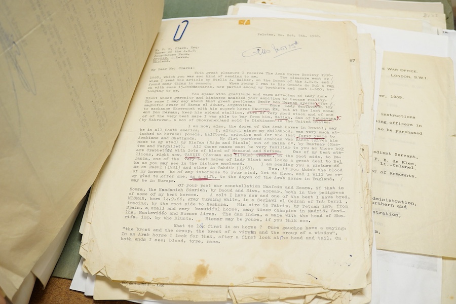 Archive of the Courthouse Farm Stud, Offham near Lewes and the Clark family, 1900-2014, including an important series of letters from Lady Anne Blunt at the Sheyk Obeyd Stud, Ain Shems, Egypt, 1912-1917, and her daughter